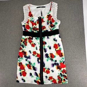 Kensie Mini Floral Dress Lace Trim Medium Zip Up Round Neck Lined White red Blac
